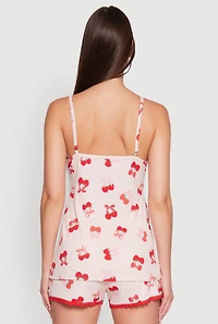 Womens Heart Cherry Print Pajama Cami and Shorts Set, Pink, Size L