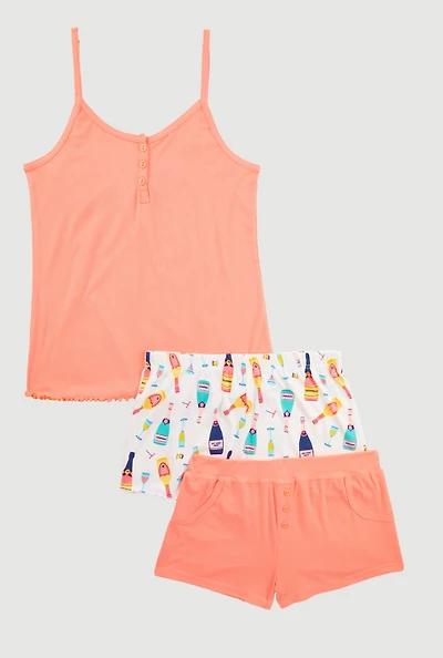Womens Henley Pajama Cami with Shorts Set, Pink, Size L