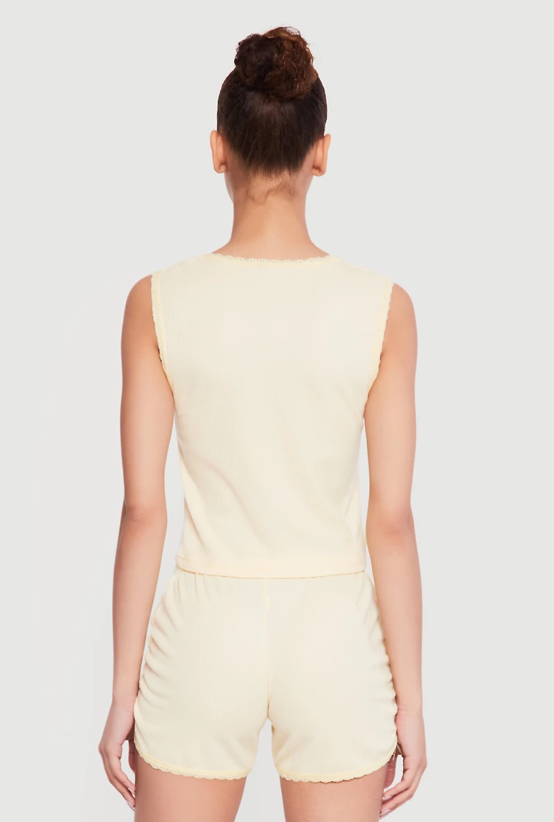 Waffle Knit Cropped Lettuce Edge Pajama Top and Shorts