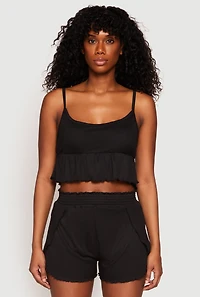 Womens Ribbed Knit Lettuce Edge Pajama Cami and Shorts, Black, Size L