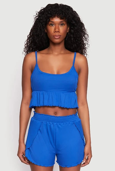 Womens Ribbed Knit Lettuce Edge Pajama Cami and Shorts, Blue, Size L