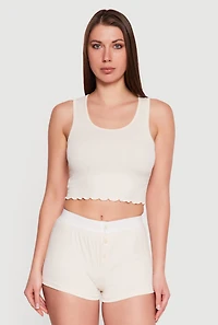 Rib Knit Cropped Lettuce Edge Pajama Top and Shorts