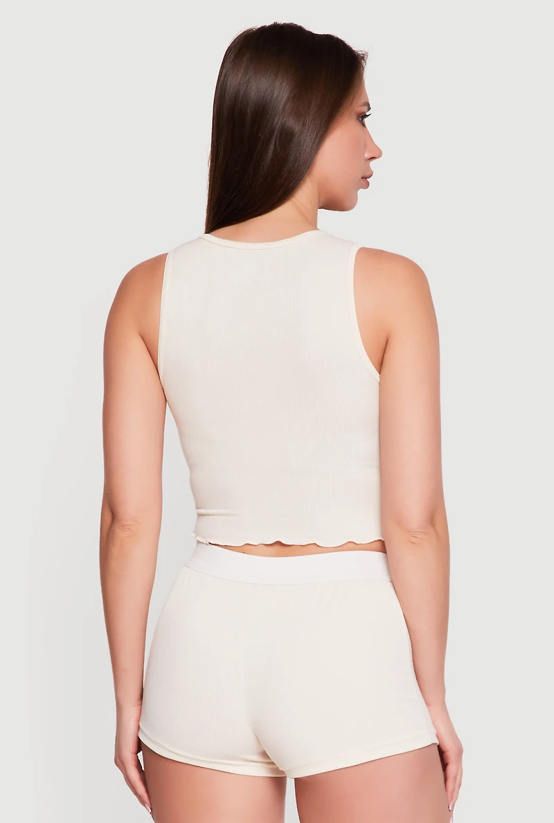 Rib Knit Cropped Lettuce Edge Pajama Top and Shorts