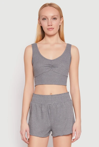 Ribbed Knit Ruched Pajama Tank Top and Smocked Shorts