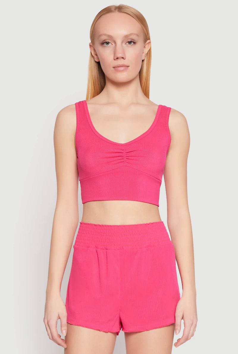 Ribbed Knit Ruched Pajama Tank Top and Smocked Shorts