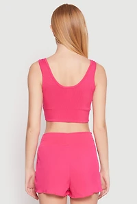 Womens Ribbed Knit Ruched Pajama Tank Top and Smocked Shorts, Pink, Size S