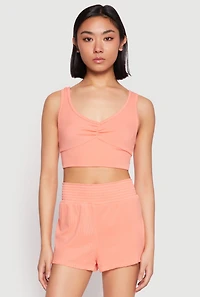 Ribbed Knit Ruched Pajama Tank Top and Smocked Shorts