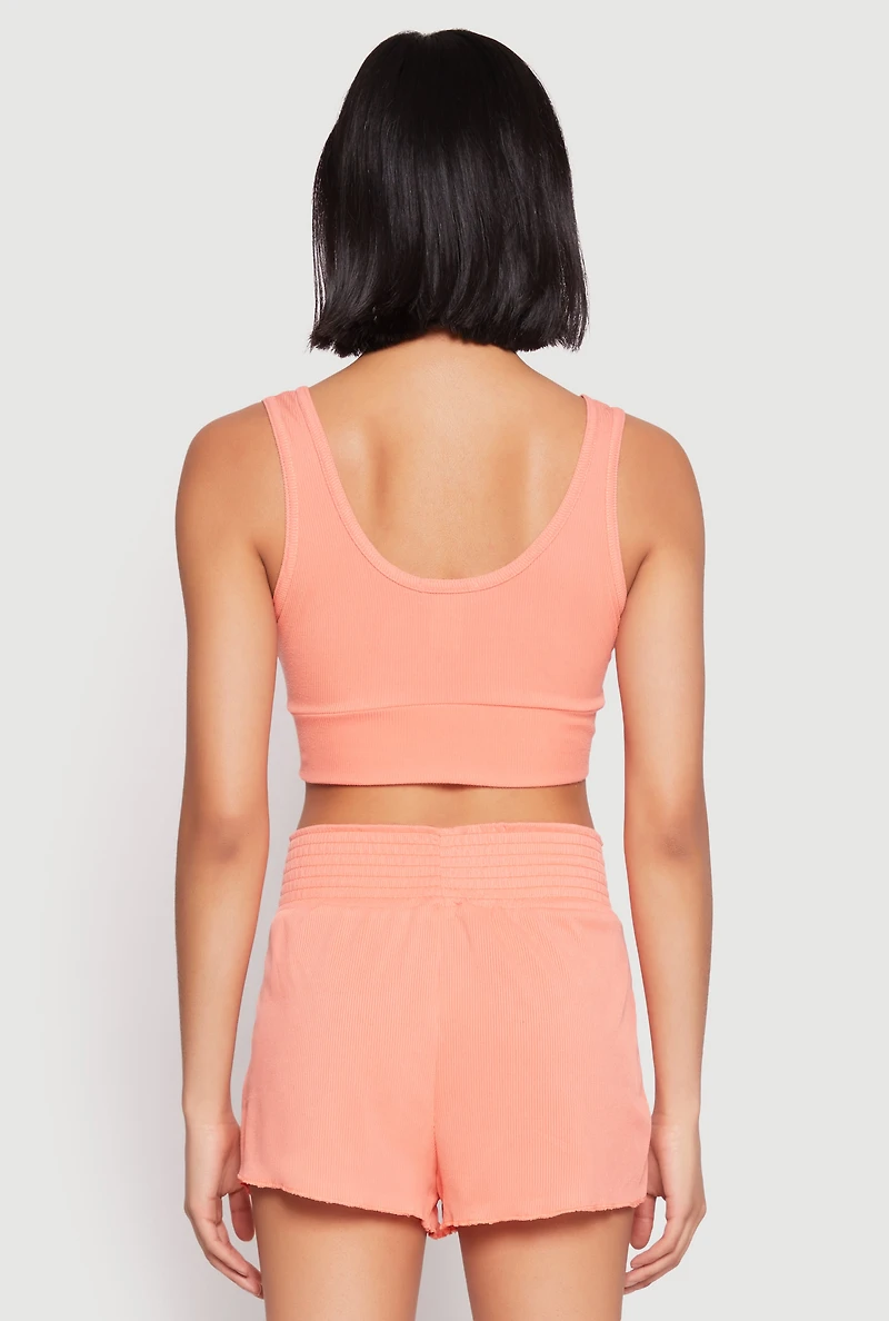Womens Ribbed Knit Ruched Pajama Tank Top and Smocked Shorts,