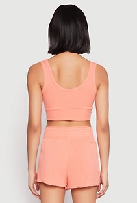 Womens Ribbed Knit Ruched Pajama Tank Top and Smocked Shorts,