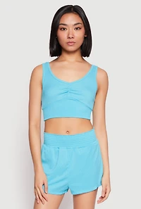 Womens Ribbed Knit Ruched Pajama Tank Top and Smocked Shorts, Blue, Size L