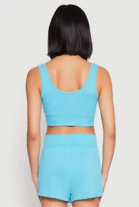 Womens Ribbed Knit Ruched Pajama Tank Top and Smocked Shorts, Blue, Size L