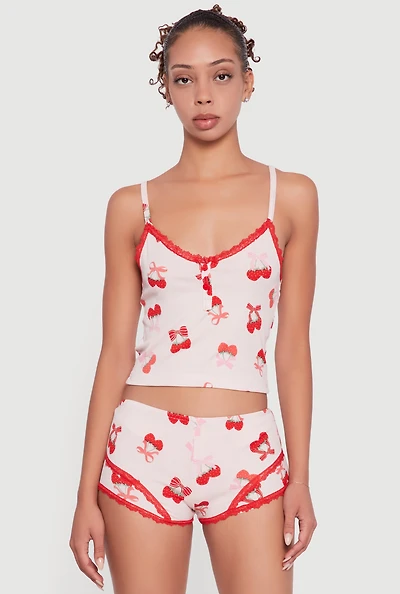 Womens Strawberry Cherry Print Cropped Pajama Cami and Shorts, Pink, Size S