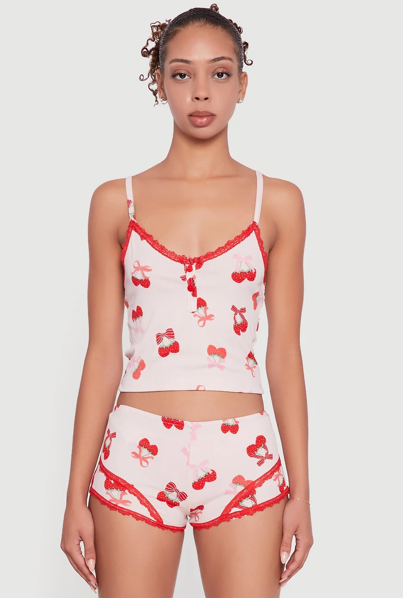 Womens Strawberry Cherry Print Cropped Pajama Cami and Shorts, Pink, Size S