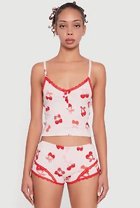 Womens Strawberry Cherry Print Cropped Pajama Cami and Shorts, Pink, Size S