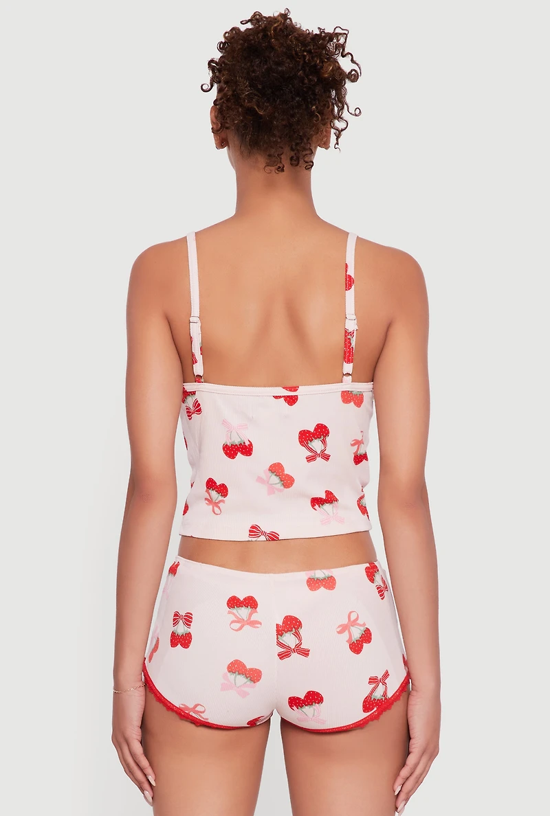 Womens Strawberry Cherry Print Cropped Pajama Cami and Shorts, Pink, Size S