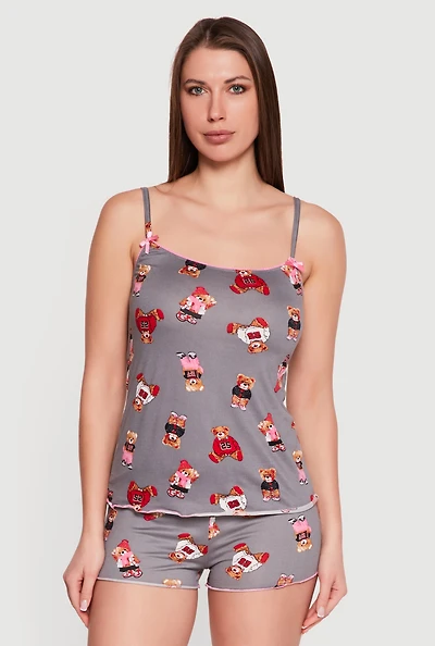Teddy Bear Print Soft Knit Pajama Cami and Shorts Set