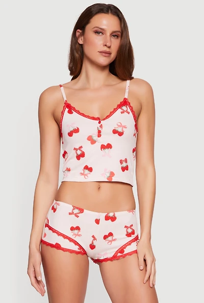Strawberry Cherry Print Pajama Cami and Boyshort Panty