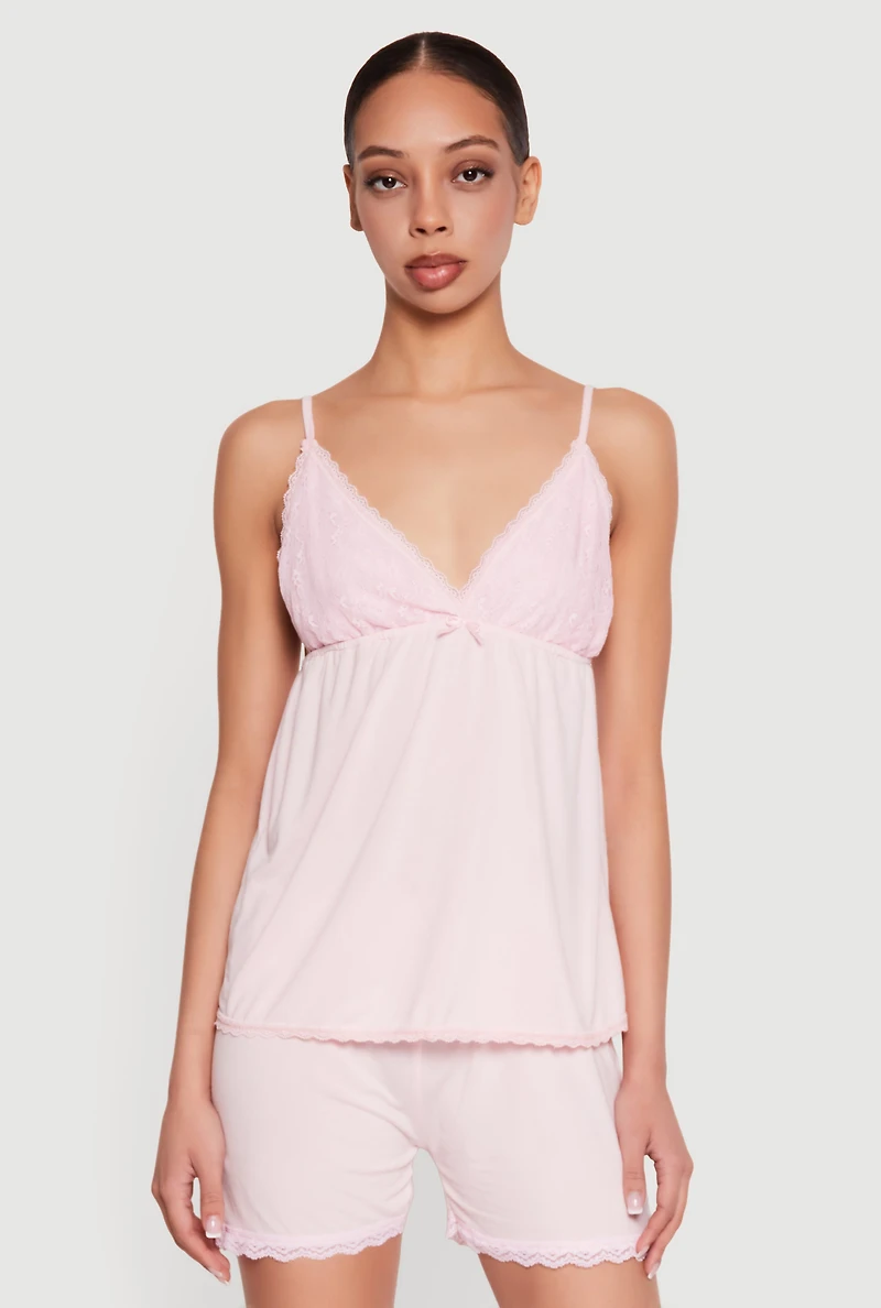 Lace Detail Soft Knit Pajama Cami and Shorts