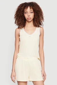 Ribbed Knit Sleeveless Lace Trim Pajama Top and Shorts
