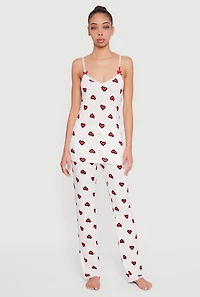 Ribbed Knit Heart Print Pajama Cami and Pants