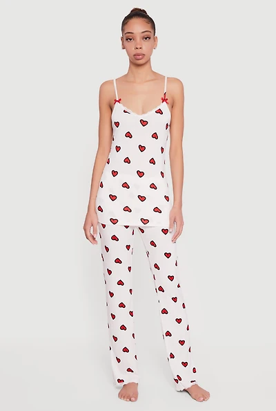Ribbed Knit Heart Print Pajama Cami and Pants