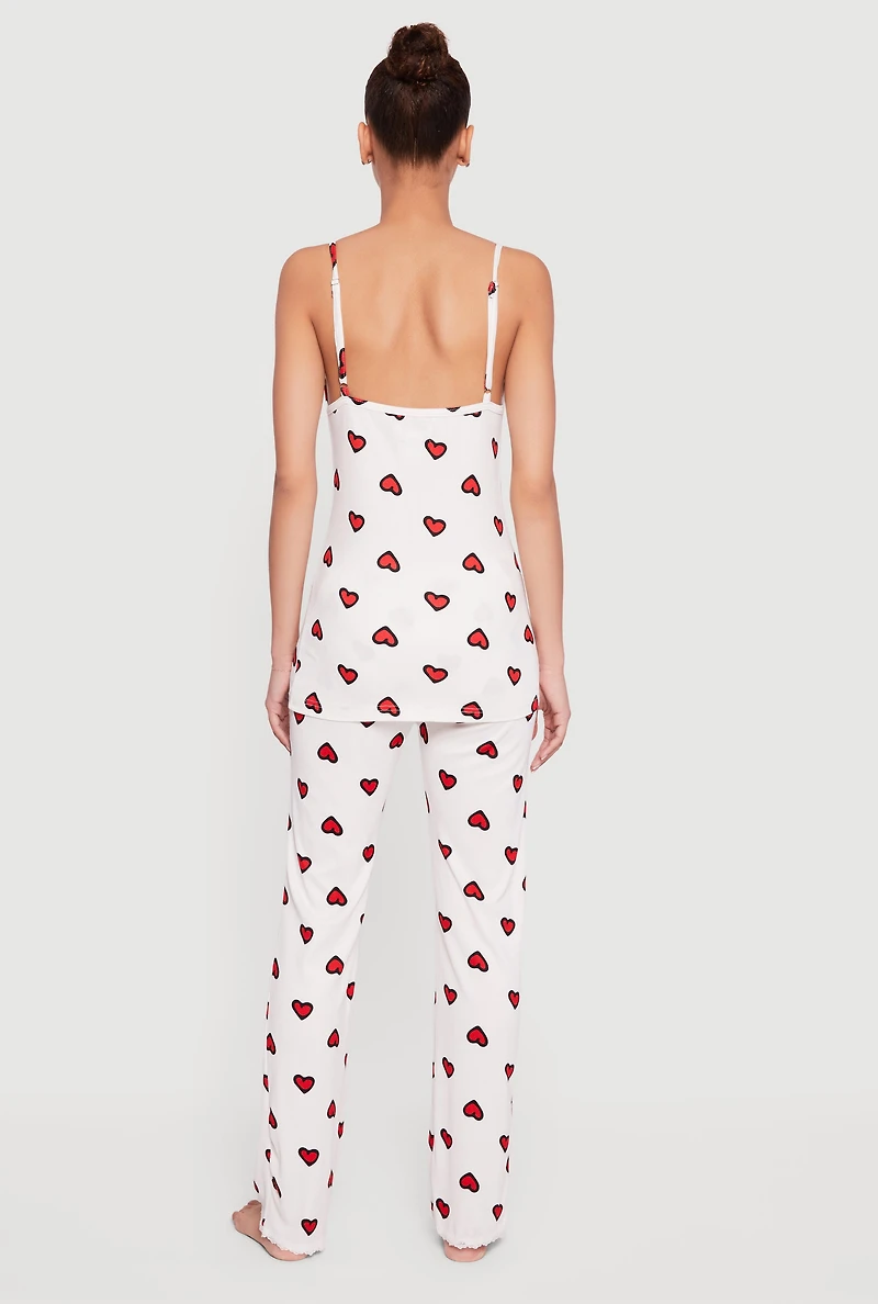 Ribbed Knit Heart Print Pajama Cami and Pants