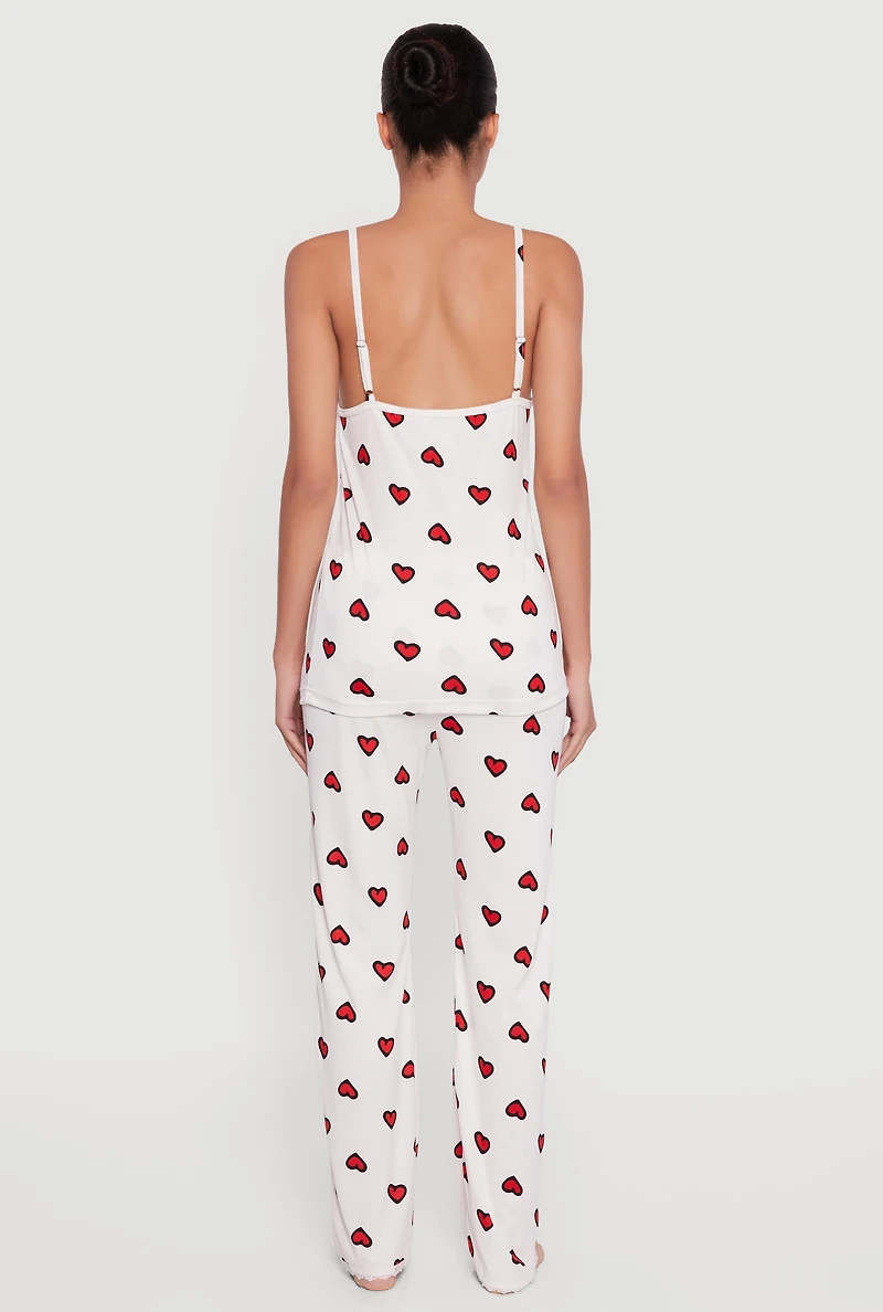 Ribbed Knit Heart Print Pajama Cami and Pants