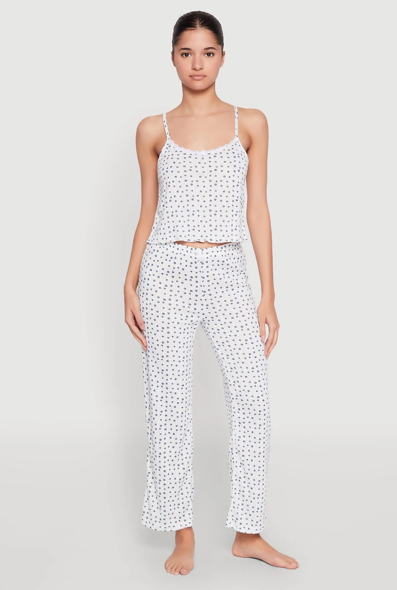 Printed Pattern Pointelle Pajama Cami and Pants