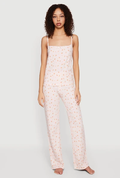 Heart Peach Print Square Neck Pajama Cami and Pants Set