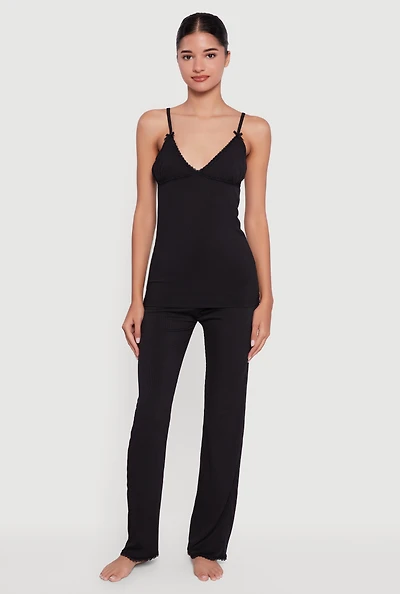 Womens Rib Knit Heart Lace Trim Pajama Cami and Pants Set,