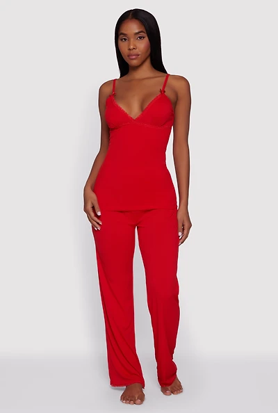 Rib Knit Heart Lace Trim Pajama Cami and Pants Set