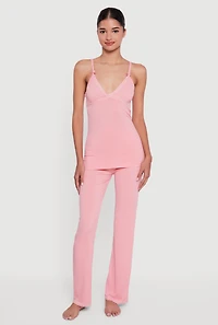 Rib Knit Heart Lace Trim Pajama Cami and Pants Set