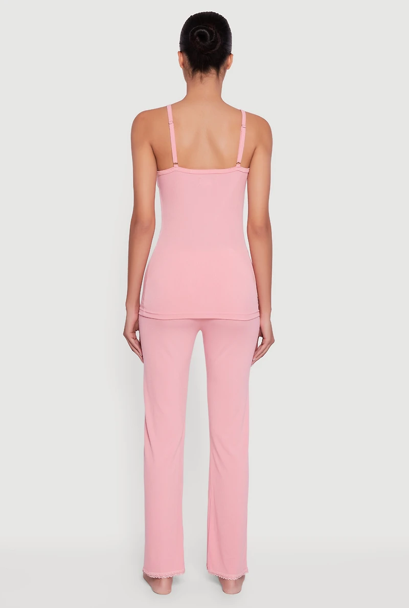 Rib Knit Heart Lace Trim Pajama Cami and Pants Set