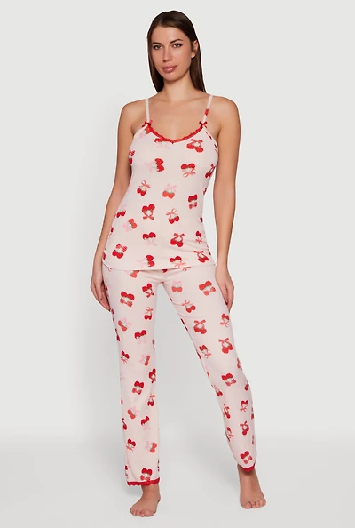 Womens Strawberry Bow Print Pajama Top and Pants Set, Pink, Size L