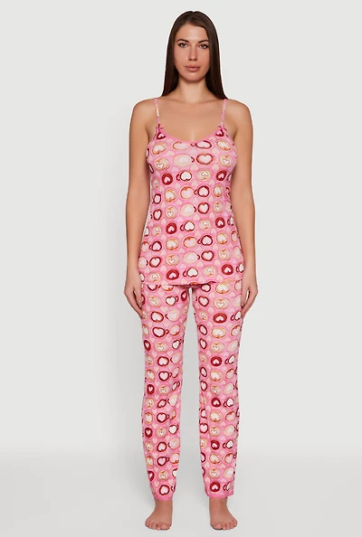 Heart Print Sleeveless Ribbed Knit Pajama Top and Pants