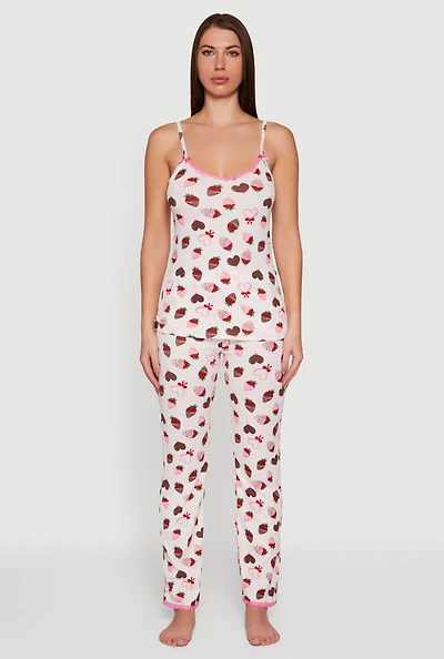 Womens Chocolate Strawberry Print Pajama Cami and Pants, White,