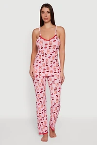 Womens Gummy Bear Candy Print Pajama Cami and Pants Set, Pink, Size M