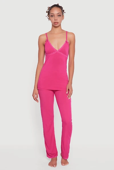 Womens Heart Lace Trim Pajama Cami and Pants Set, Pink, Size L