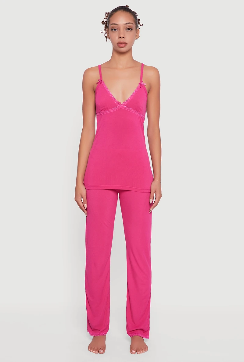 Womens Heart Lace Trim Pajama Cami and Pants Set, Pink, Size S