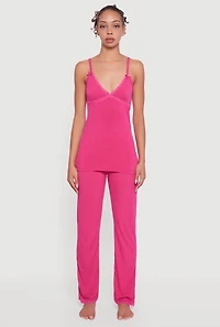 Womens Heart Lace Trim Pajama Cami and Pants Set, Pink, Size S