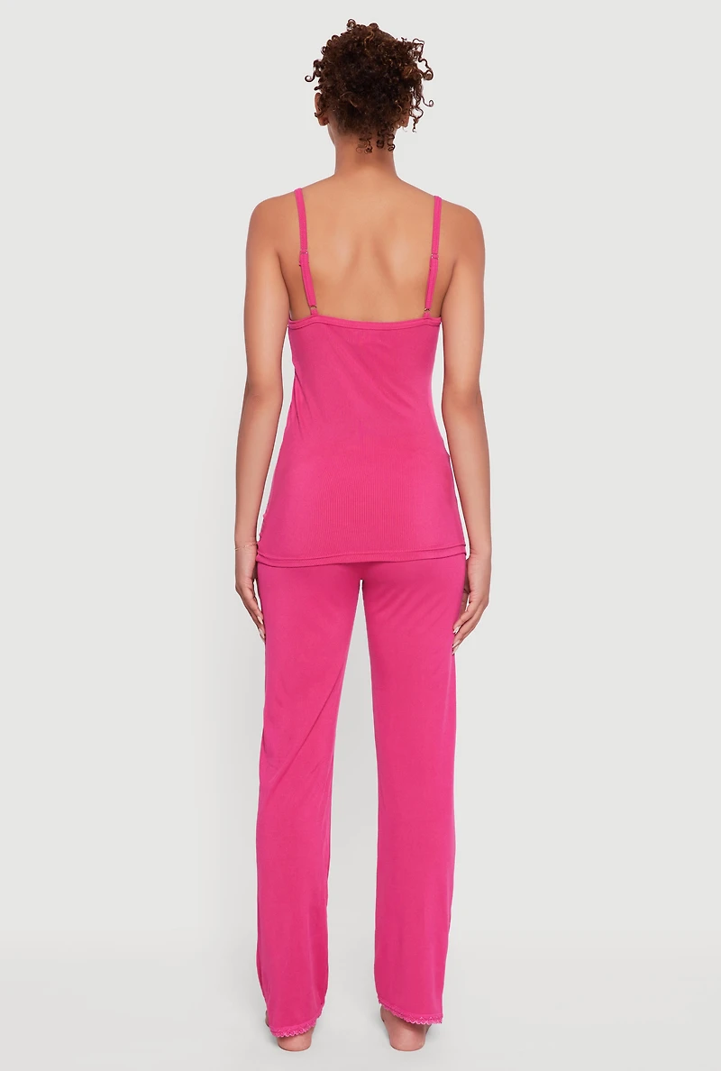 Womens Heart Lace Trim Pajama Cami and Pants Set, Pink, Size S
