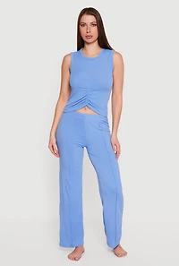 Ribbed Knit Ruched Pajama Tank Top and Pants Set