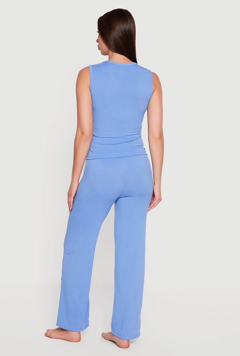 Ribbed Knit Ruched Pajama Tank Top and Pants Set