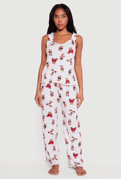 Striped Teddy Bear Print Pajama Tank Top and Pants