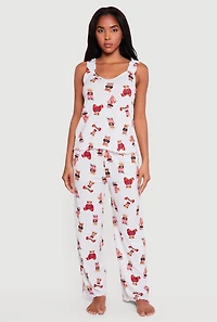 Striped Teddy Bear Print Pajama Tank Top and Pants