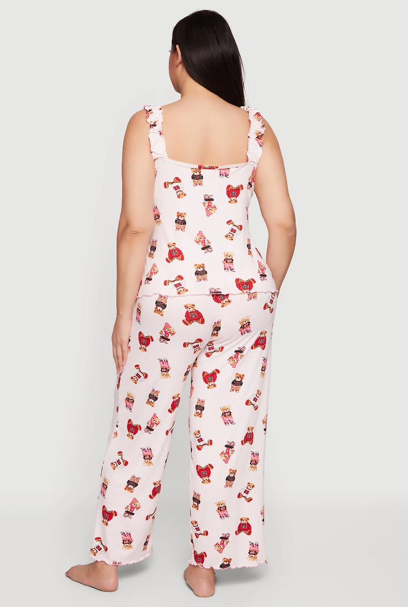 Plus Striped Bear Print Pajama Top and Lounge Pants