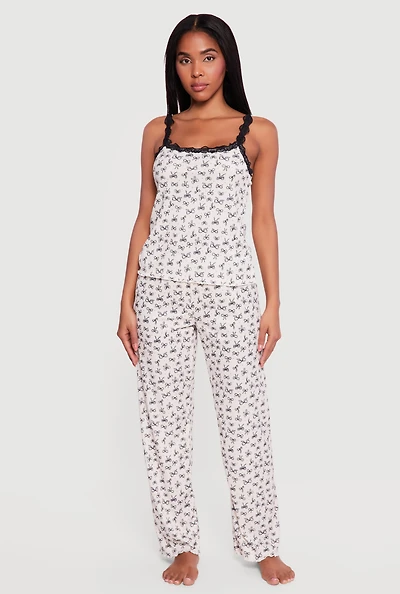 Bow Print Lace Trim Square Neck Pajama Cami and Pants Set