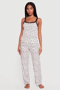 Bow Print Lace Trim Square Neck Pajama Cami and Pants Set