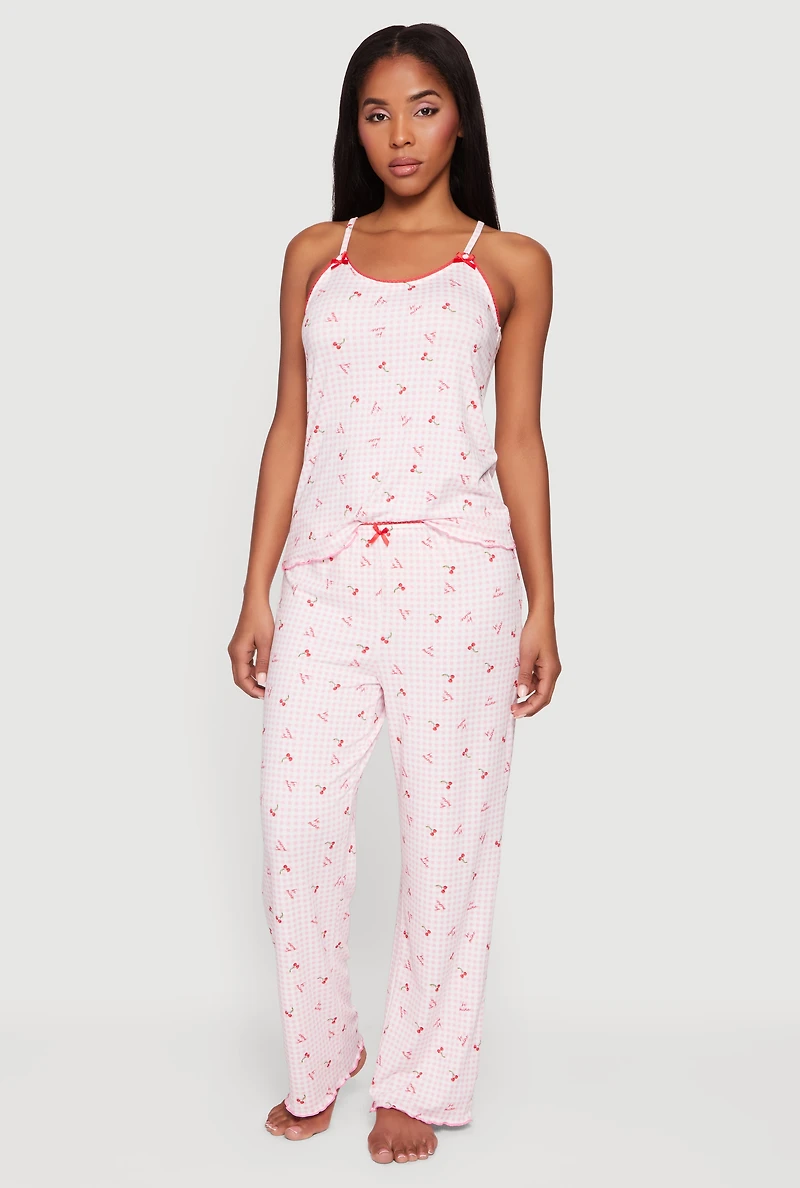 Gingham Cherry Print Pajama Cami and Pants with Stickers