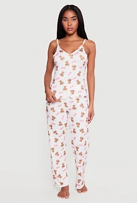 Teddy Bear Print V-Neck Pajama Cami and Pants Set